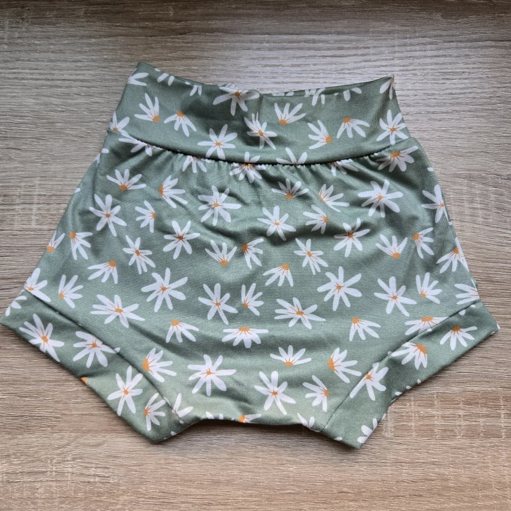 Baby Girl Boho Sage Green Daisy Bitty Bloomers Shorts Set Bow Headband 9-12M